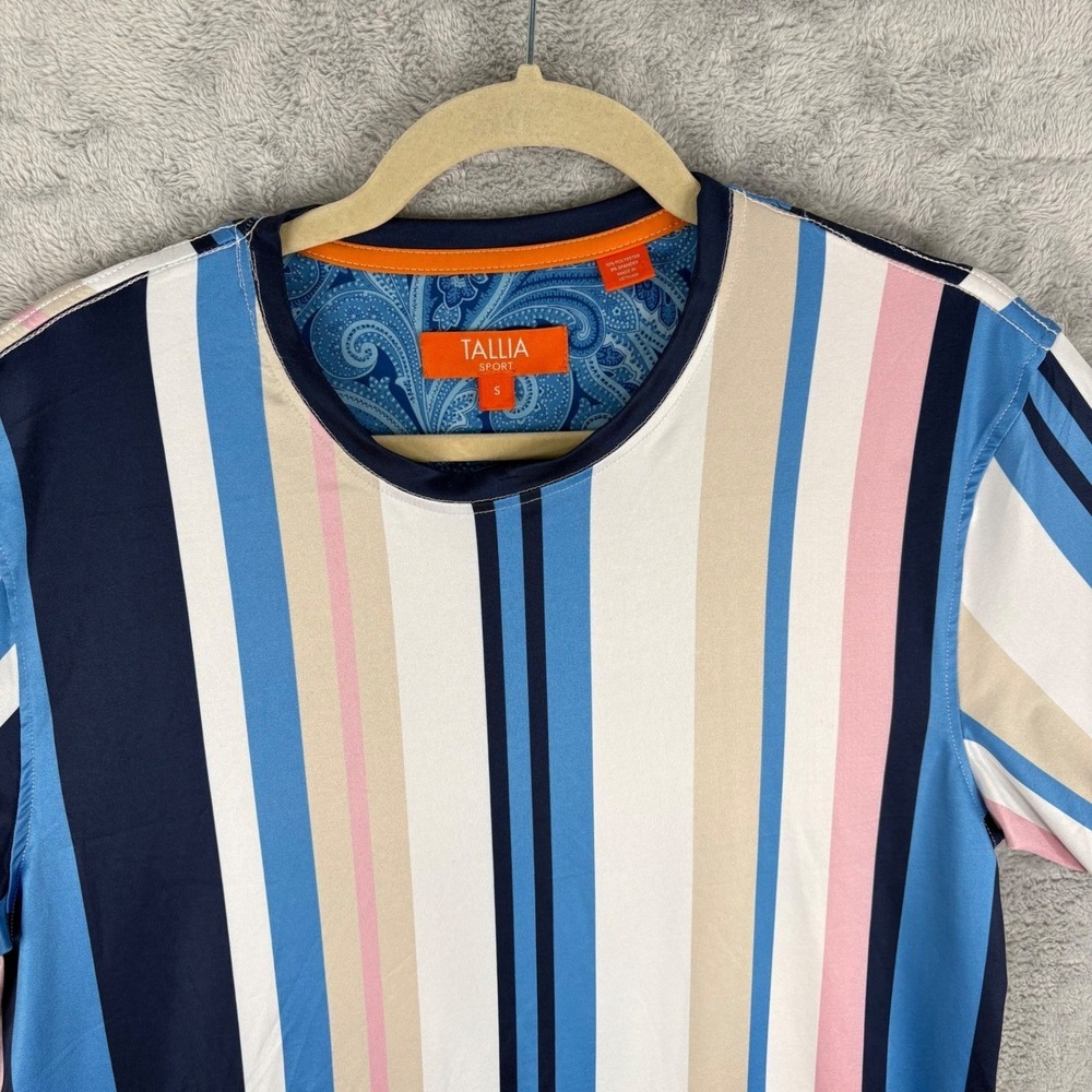 Tallia Sport Men's Striped Crew Neck T-Shirt Casual Retro Modern Pink Navy Small - Picture 2 of 8